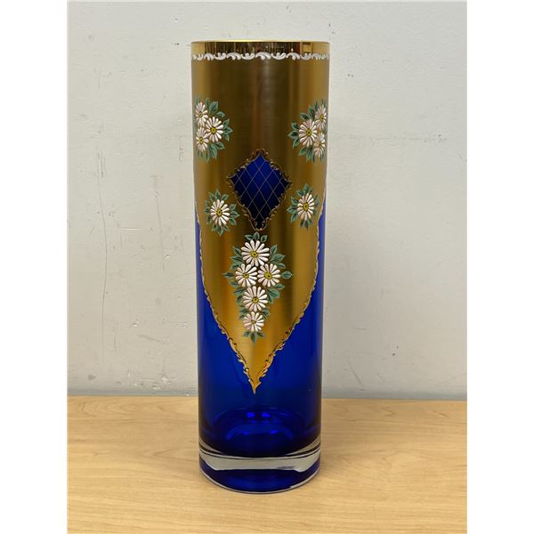 Large Cobalt Blue Hand Painted Cylinder Vase - Approx: 15.75"T 4.75"W