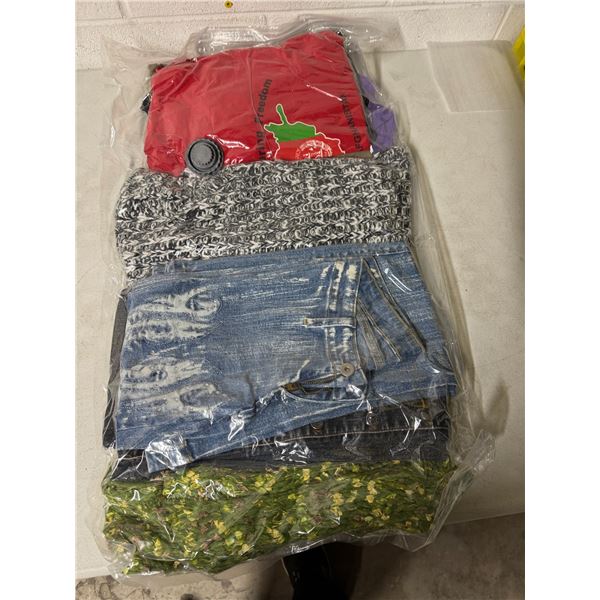Assorted clothing, tops, and jeans