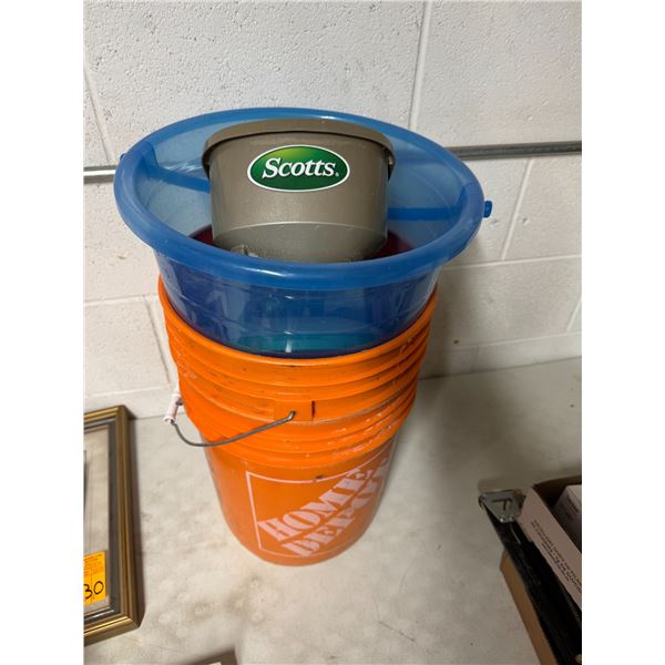 Pails and seed spreader