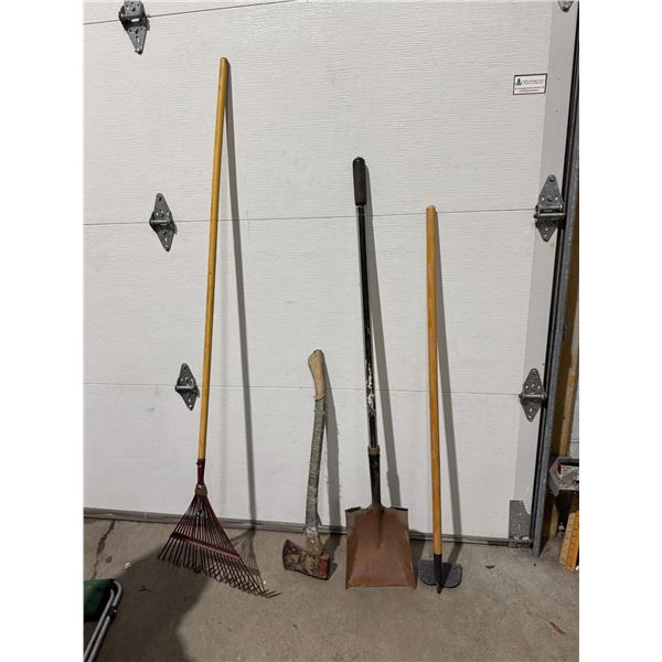 Shovel hoe, ax, and rake