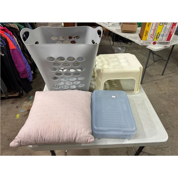 Laundry basket, stepstool, cushion, and storage bin