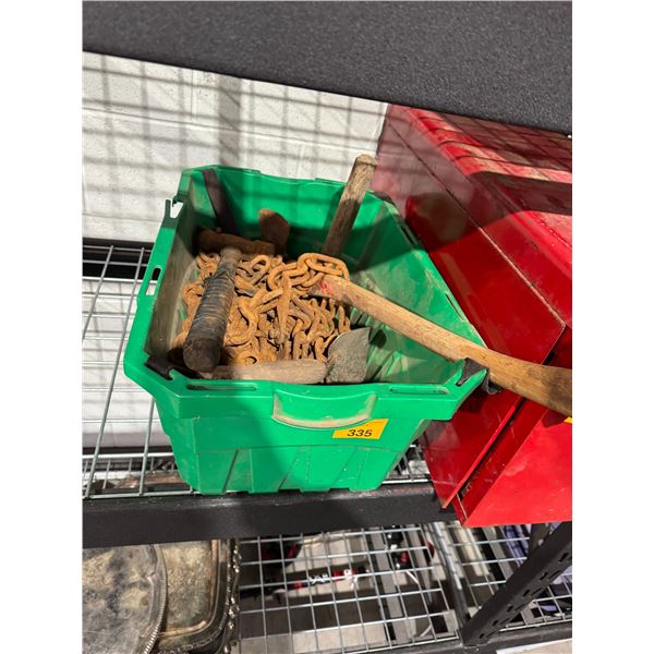 Bin with chains, ax, hammer, etc.