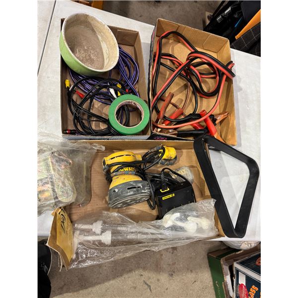 Booster cables, DeWalt tool, and other items