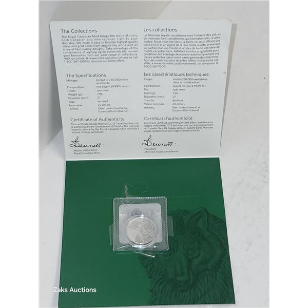 RCM 2013 $20 Wolf Silver Dollar