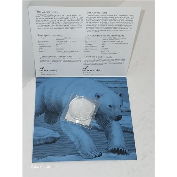 RCM 2014 $50 Polar Bear Silver Dollar