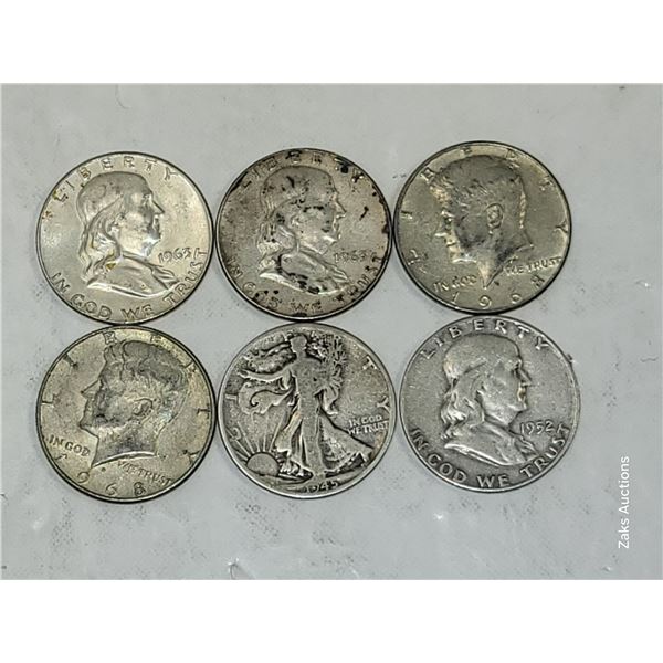 6 X USA Silver Half Dollars Various Years