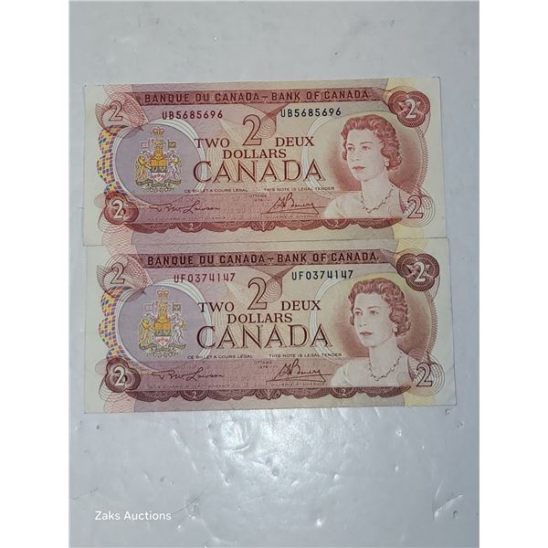 Two 1974 $2 Bills Variant Brown and a Red Tint Versions