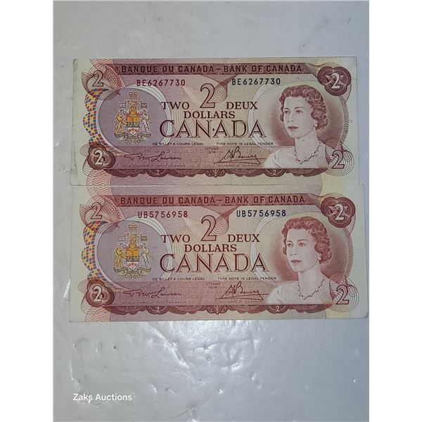 Two 1974 $2 Bills Variant Brown and a Red Tint Versions