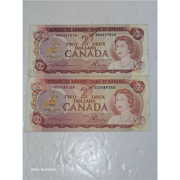 Two 1974 $2 Bills Variant Brown and a Red Tint Versions