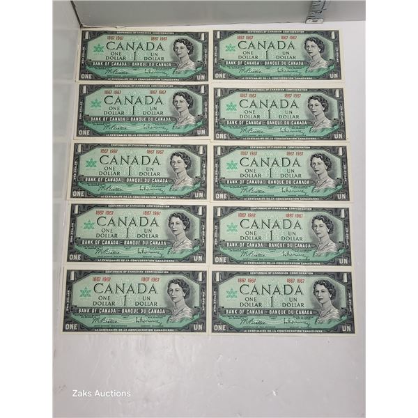 10 X 1867-1967 CAD $1 Dollar Bills