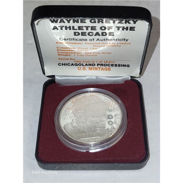 COA Wayne Gretzky Troy OZ Silver Coin Athlete of Decade
