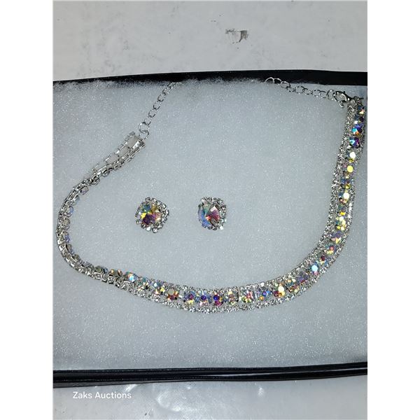 Iridescent Aurora Borealis Rhinestone Necklace & Pendant Earrings