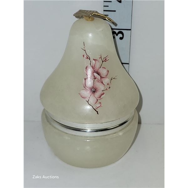 Hand Carved Signed in Italy Pear Sheaped Alabaster Trinket Box