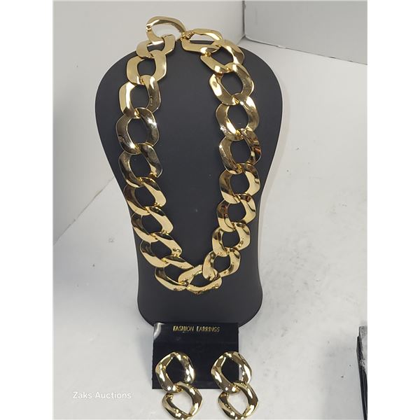 Iconic Wide Flat Goldtone Curb Link Necklace & Earring Set