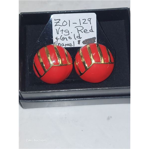 Vintge Red & Gold Enamel Earrings