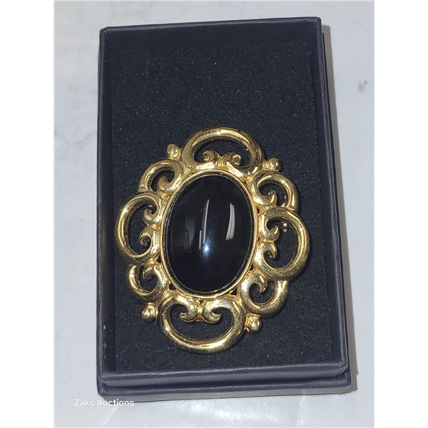Vintage Signed Butler Goldtone Black Brooch - Simulated Onyx