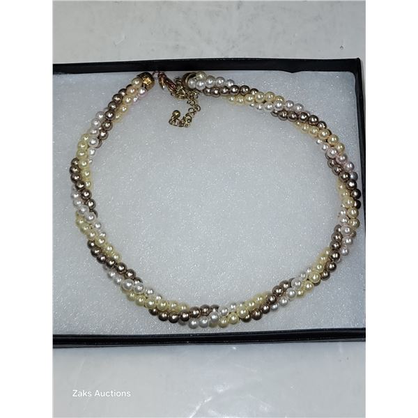 Vintage Signed Avon Twisted Tri Colour Pearl Necklace - Simulated