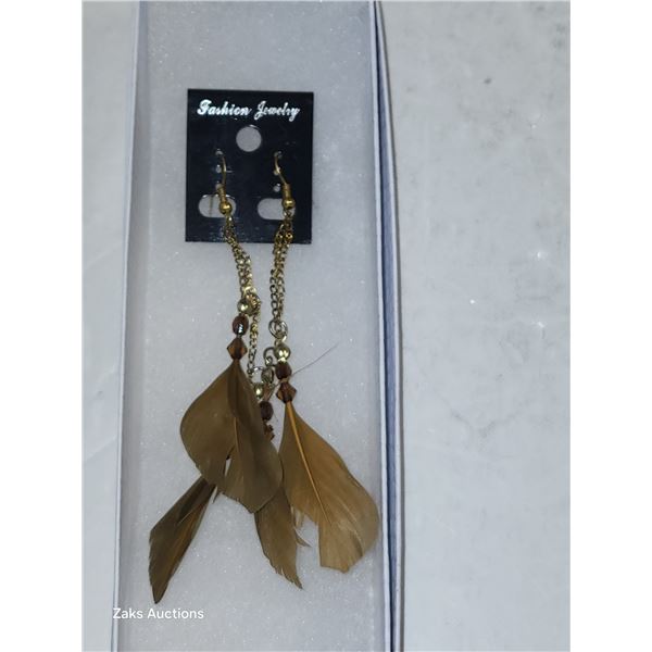 Long Feather Drop Goldtone Peirced Earrings
