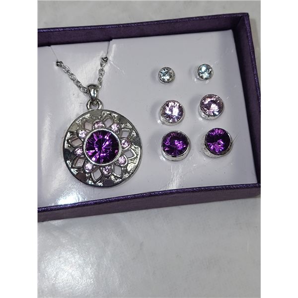 Avon Purple 4 Pieces Necklace & Earrings Set - 3 Different Sized Pierced Earrings & Necklace