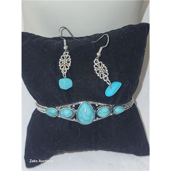 Open Bangle Cuff Turquoise Bracelet & Earrings