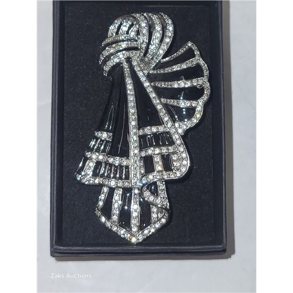 Vintage Signed Butler Black Enamel & Crystal Large Brooch