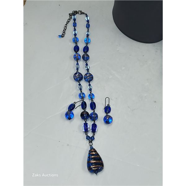 Vintage Lampwork Blown Glass Sky Blue & Gold Necklace & Earring Set