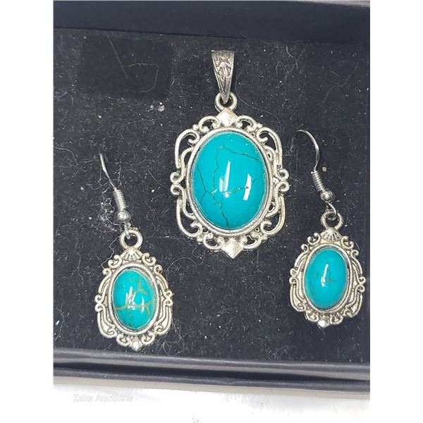Bohemian Turquoise Colour Pendant & Pierced Earring Set
