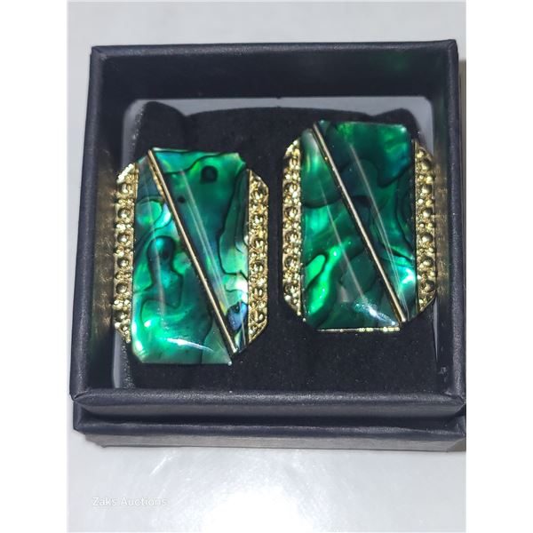 Vintage Abalone Shell Green & Goldtone Clip On Earrings