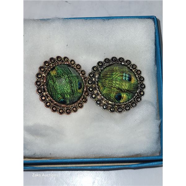 Vintage Bevel Cut Dome Glass Over Peacock Feather "Rare" Pierced Earrings