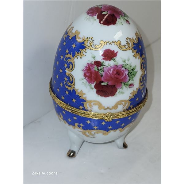 Flower Porcelain Egg Trinket Box with Gold Accent