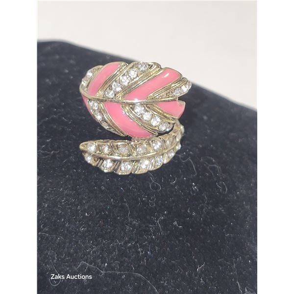 Vintage Enamel & Rhinestone Feather Wraparound Ring
