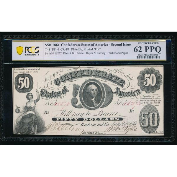 1861 $50 T-8 Confederate PCGS 62PPQ