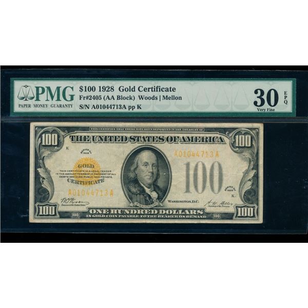 1928 $100 Gold Certificate PMG 30EPQ