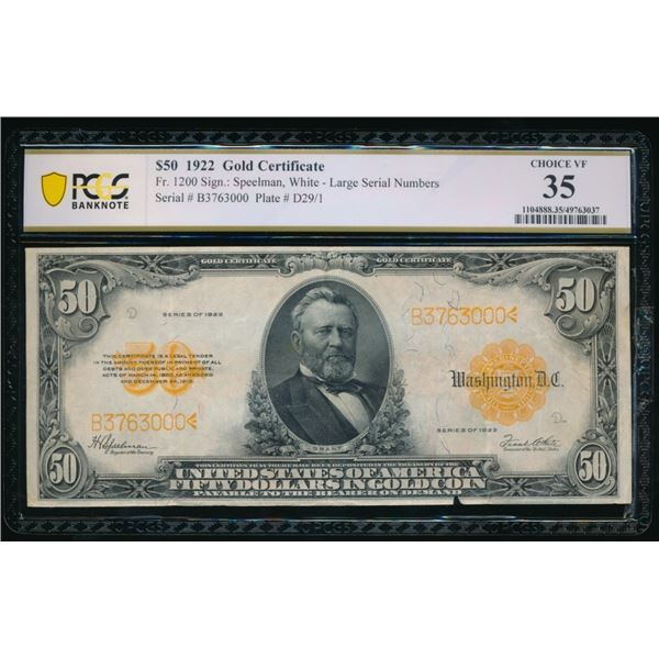 1922 $50 Gold Certificate PCGS 35