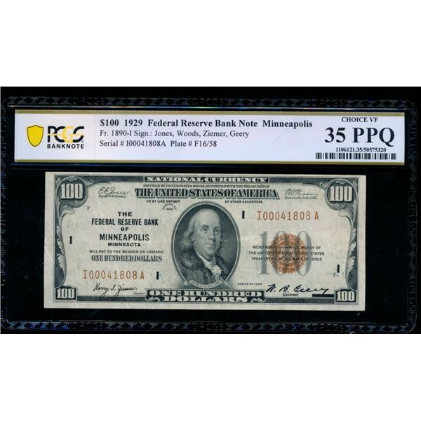 1929 $100 Minneapolis FRN PCGS 35PPQ