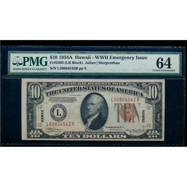 1934A $10 Hawaii FRN PMG 64