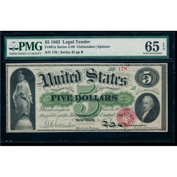 1862 $5 Legal Tender Note PMG 65EPQ