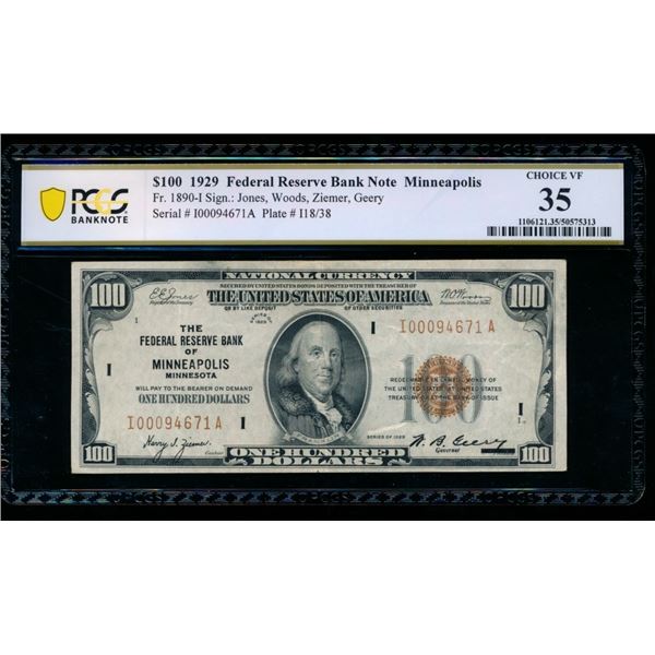 1929 $100 Minneapolis FRBN PCGS 35