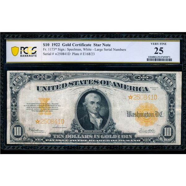 1922 $10 STAR Gold Certificate PCGS 25
