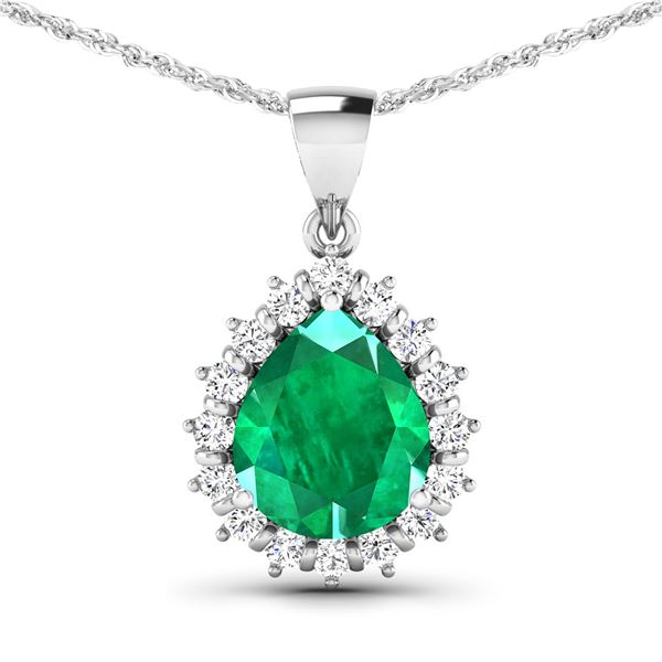 14KT White Gold 2.85ctw Zambian Emerald and Diamond Pendant