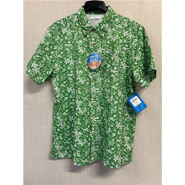 Men's Size S Columbia Super Slack Tide Green/White Shirt w/ Back Vent, UPF 50