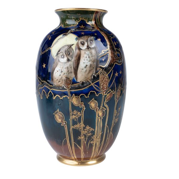 Doulton Burslem by A. Elsin Gilded Owl Design Vase