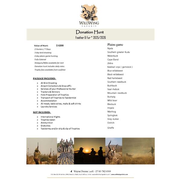 South African Feather & Fur Hunt - 2 People, 7 Days   Donated by Wild Wing Safaris, Wayne Dunne- Way