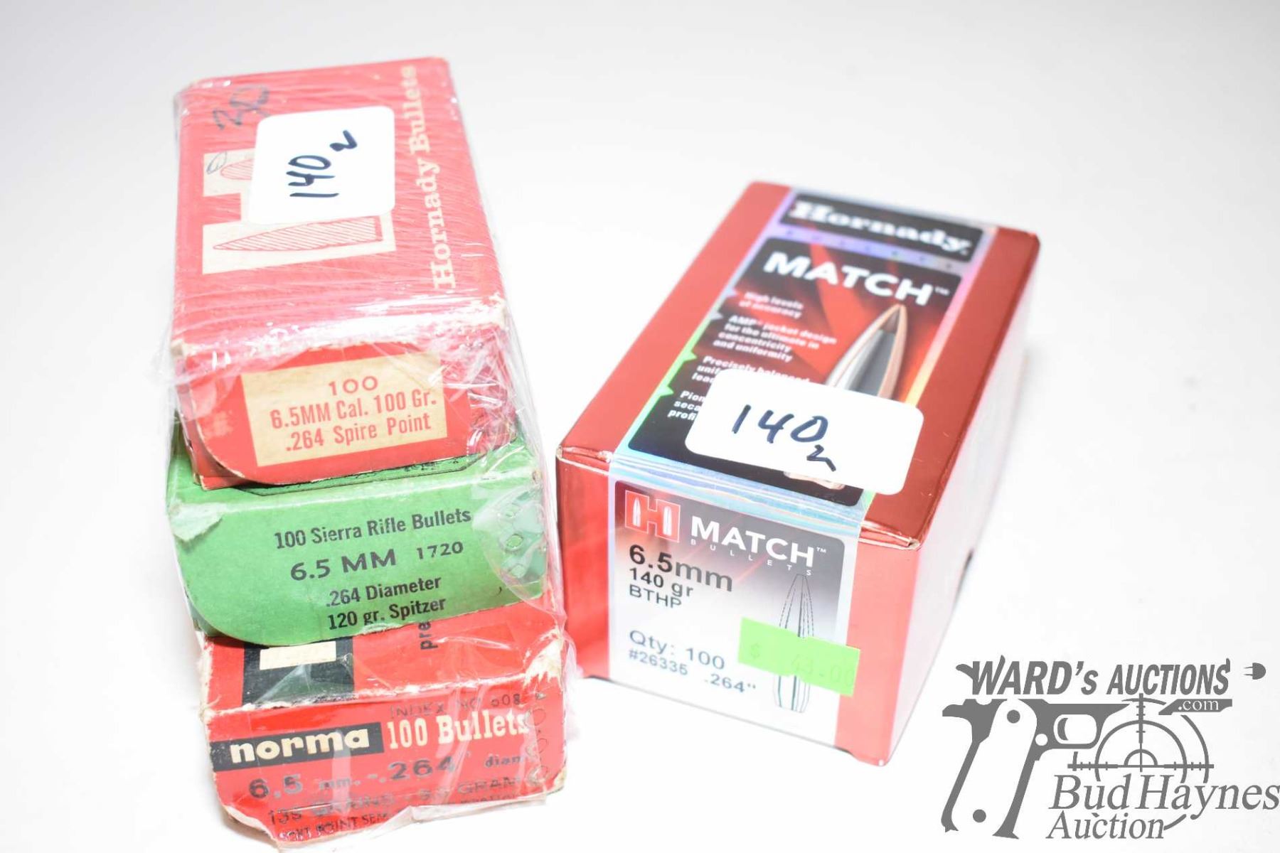 Four boxes of 6.5 mm bullets including 100 count Hornady 140 gr BT HP