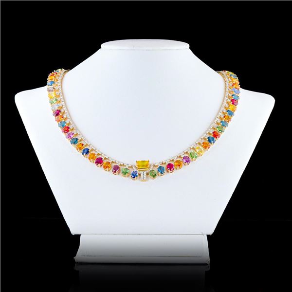 59.17 ctw MultiColor Sapphire and 6.27 ctw Diamond 14K Yellow Gold Necklace