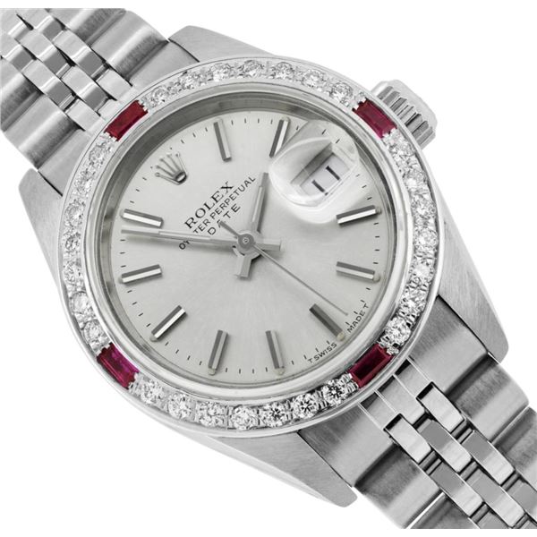 Rolex Ladies Stainless Steel Quickset Silver Index Dial Diamond And Ruby Bezel D