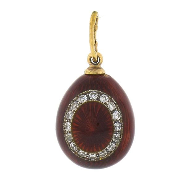 Russian 14k Gold & Silver Clear Stone Red Enamel Textured Egg Charm Pendant