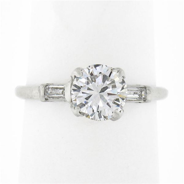 Vintage Platinum 1.14 ctw GIA Round Diamond w/ Baguette Accent Engagement Ring