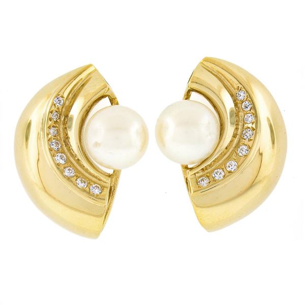 18k Yellow Gold 8mm Pearl & Pave Cubic Zirconia CZ Polished Half Circle Earrings
