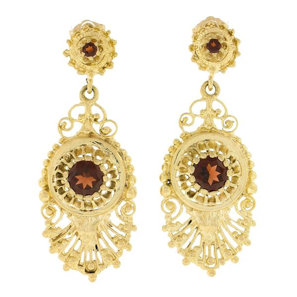 Vintage 14K Gold Round Brilliant Garnet Open Detailed Bead Drop Dangle Earrings